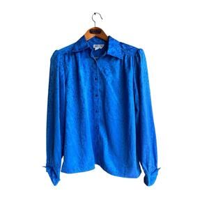 Janine Women Vintage Career Blouse Secretary Jacquard floral  Satin Blue Sz 14